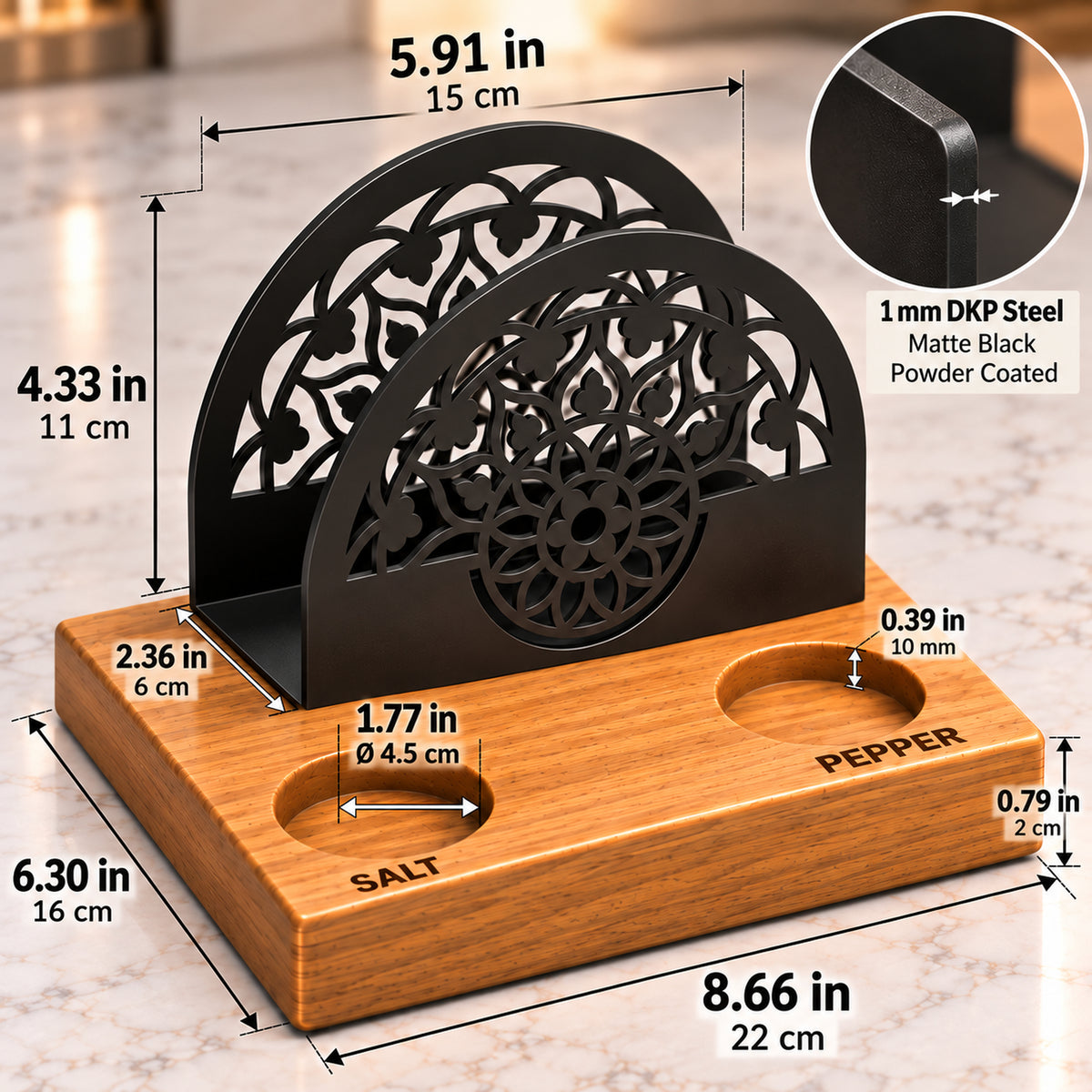 Iroko Wood & Metal Napkin Holder with Salt Pepper Slots, Tabletop Dining Organizer