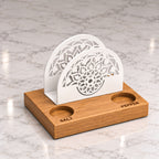 Iroko Wood & Metal Napkin Holder with Salt Pepper Slots, Tabletop Dining Organizer