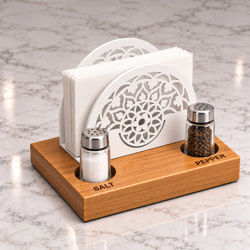 Iroko Wood & Metal Napkin Holder with Salt Pepper Slots, Tabletop Dining Organizer