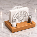 Iroko Wood & Metal Napkin Holder with Salt Pepper Slots, Tabletop Dining Organizer