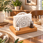Iroko Wood & Metal Napkin Holder with Salt Pepper Slots, Tabletop Dining Organizer