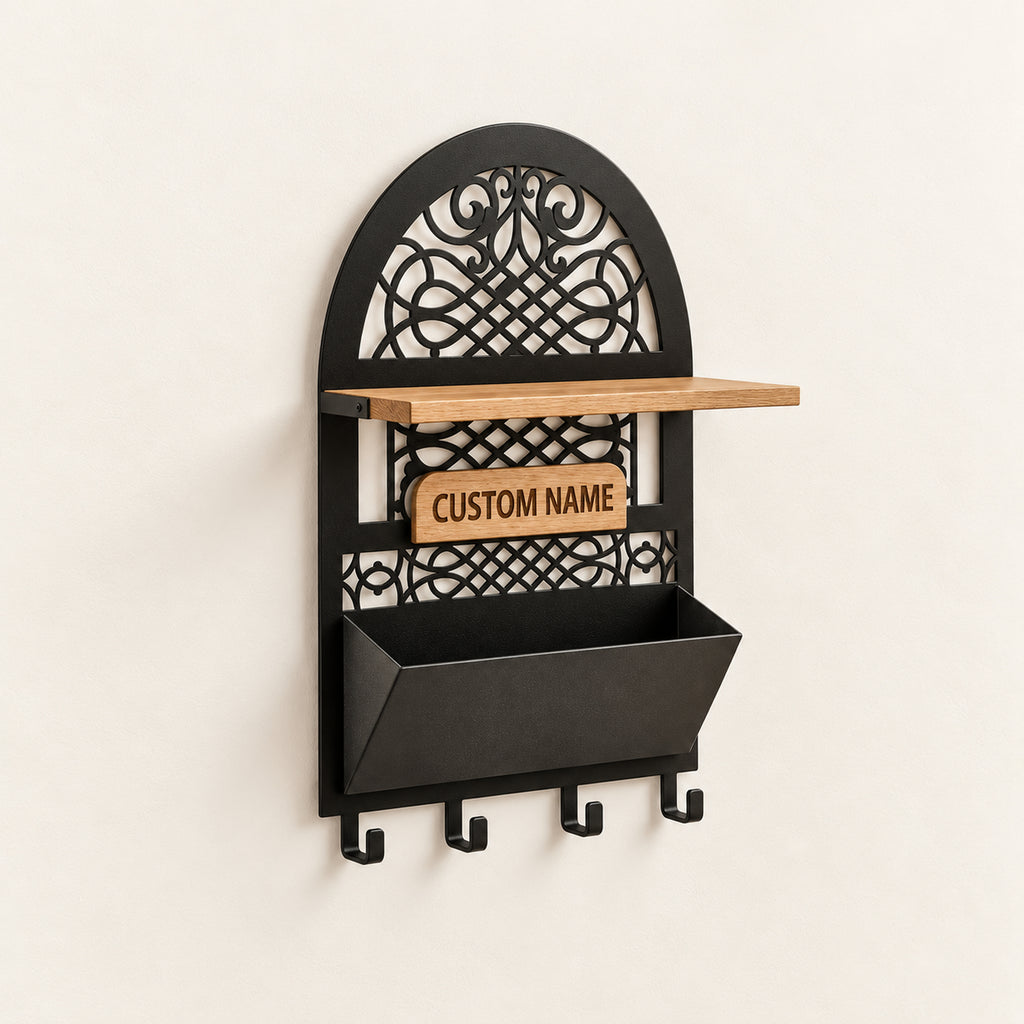 Personalized Seljuk-Inspired Wall Key Holder with Oak Shelf and Mail Organizer
