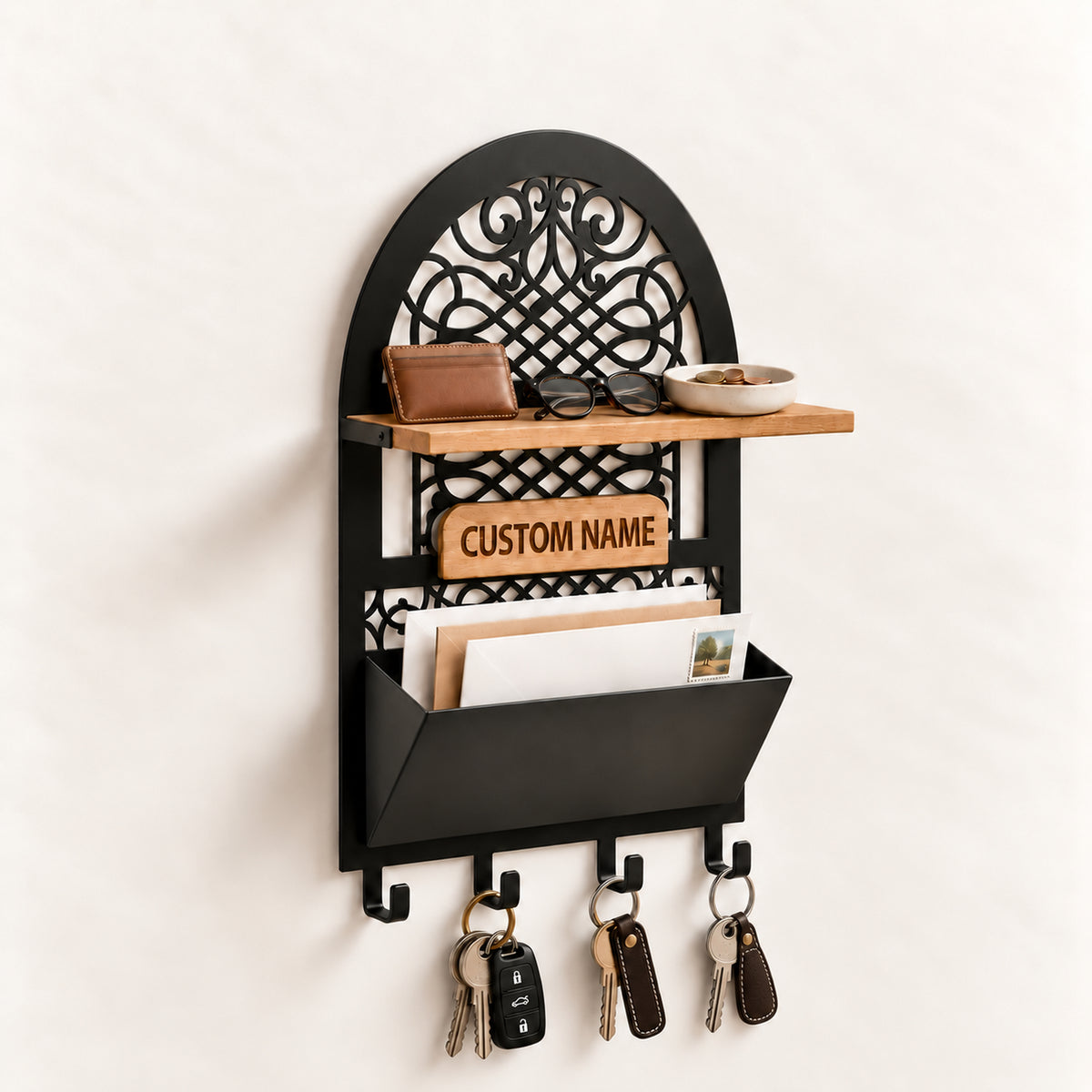 Personalized Seljuk-Inspired Wall Key Holder with Oak Shelf and Mail Organizer