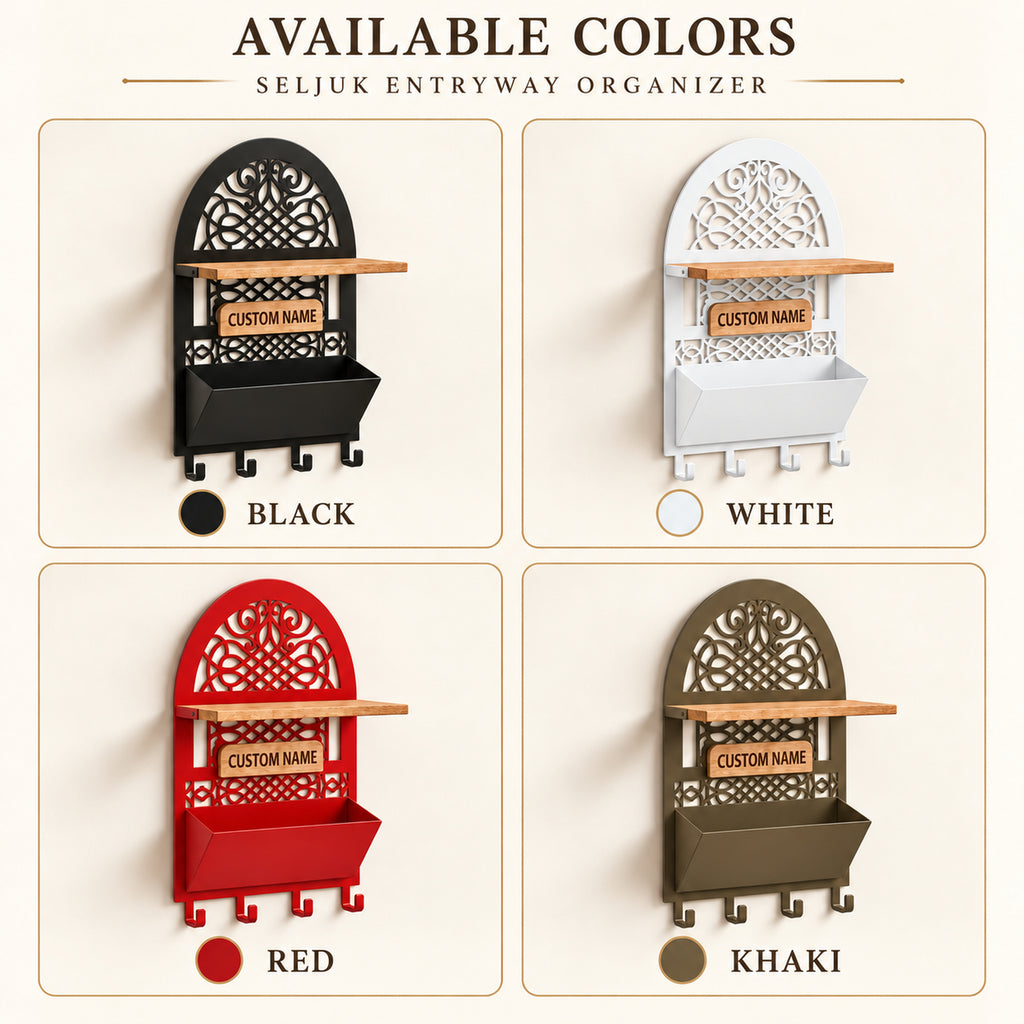 Personalized Seljuk-Inspired Wall Key Holder with Oak Shelf and Mail Organizer