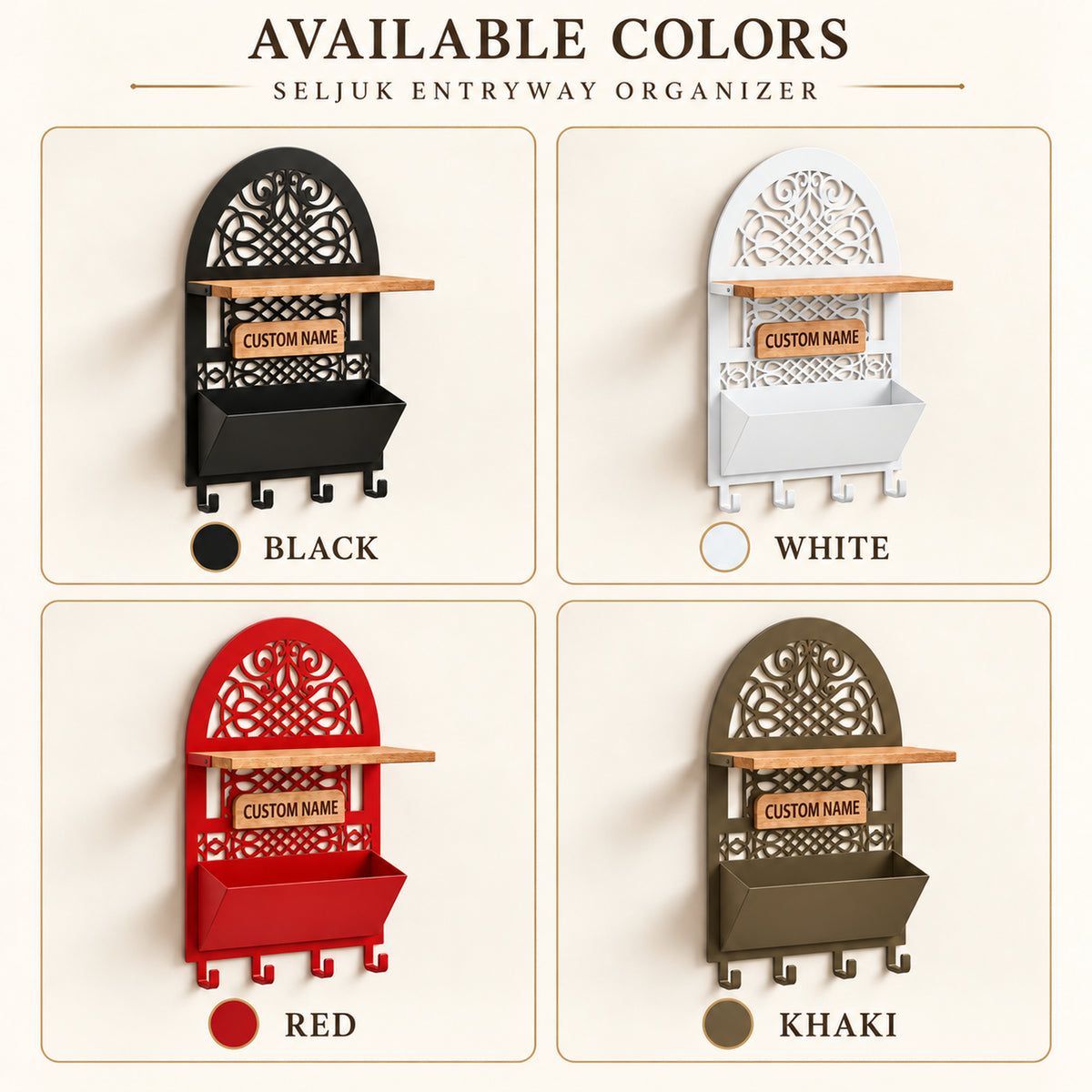 Personalized Seljuk-Inspired Wall Key Holder with Oak Shelf and Mail Organizer