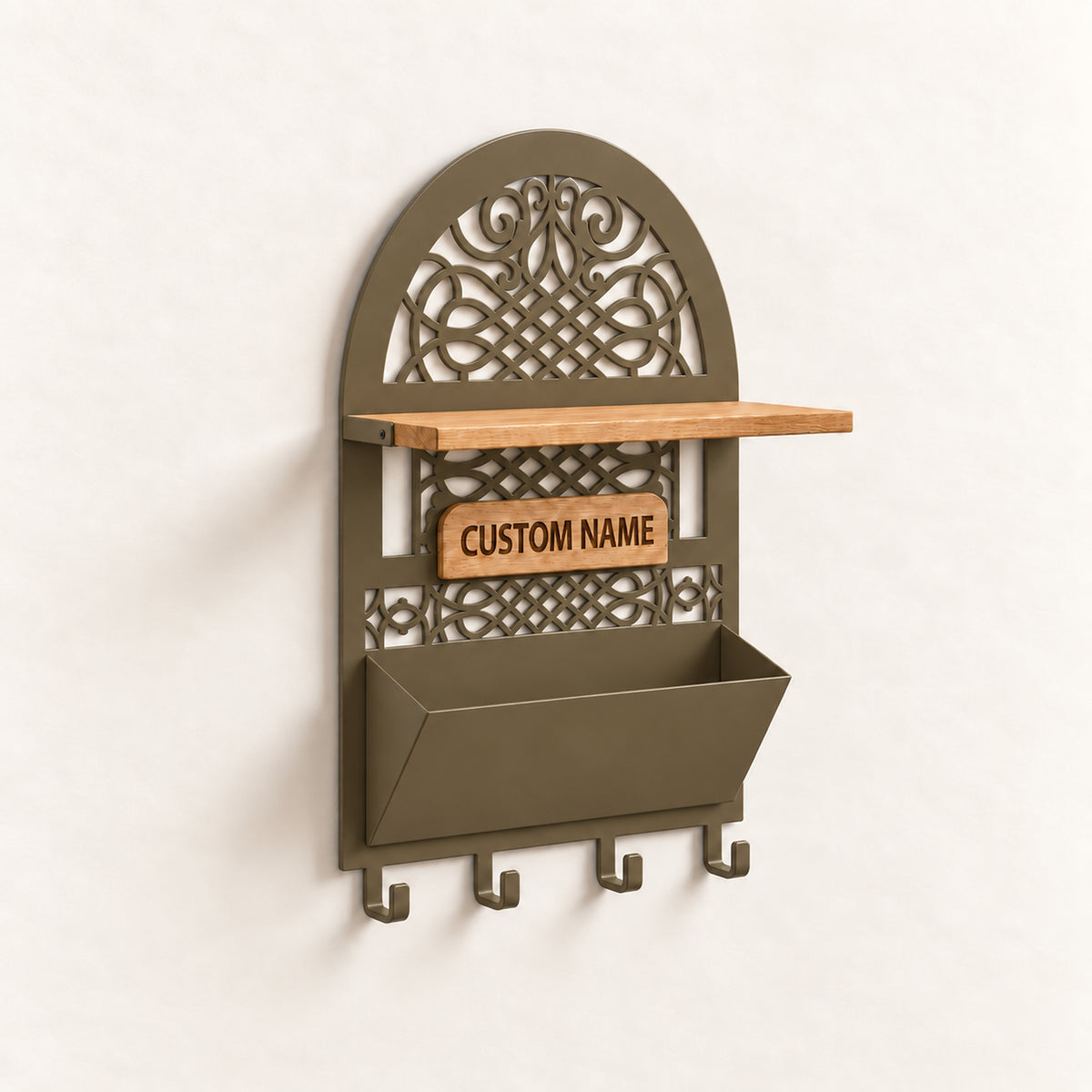 Personalized Seljuk-Inspired Wall Key Holder with Oak Shelf and Mail Organizer