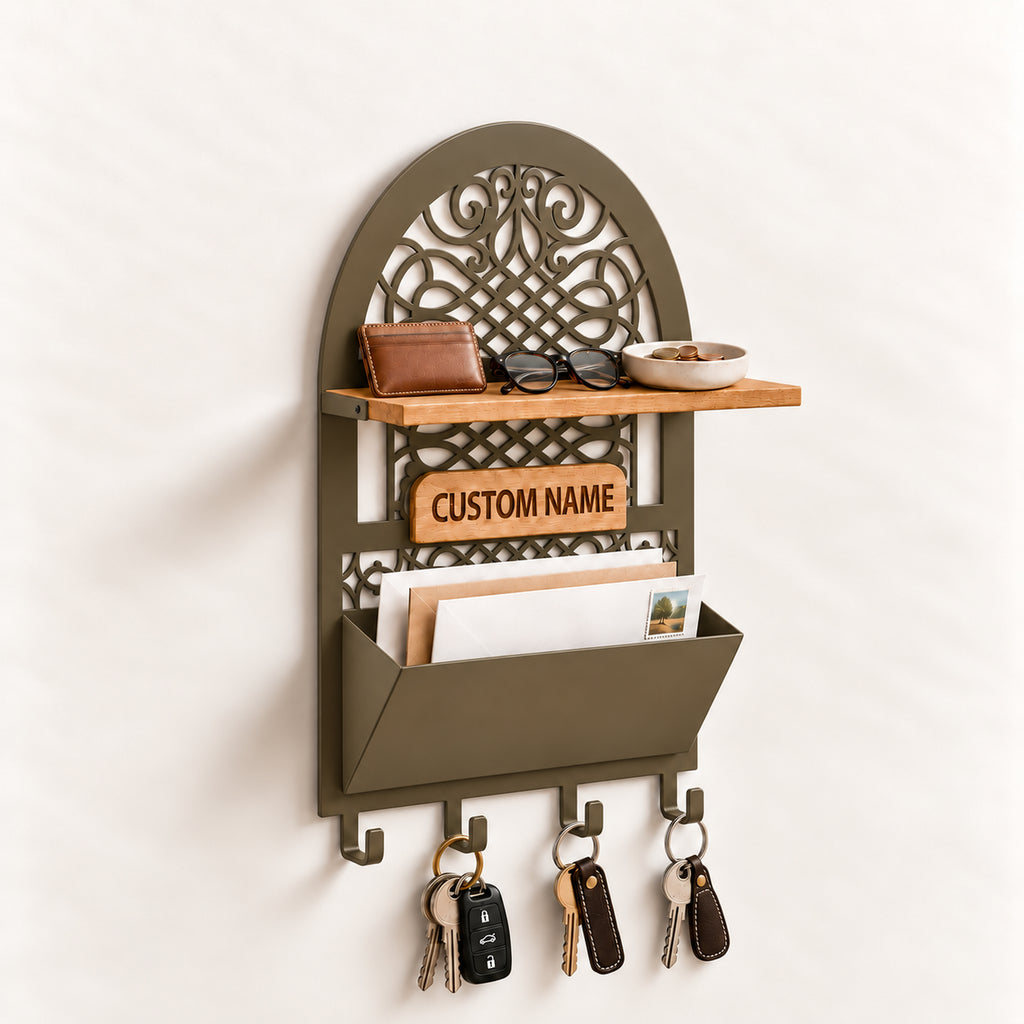 Personalized Seljuk-Inspired Wall Key Holder with Oak Shelf and Mail Organizer