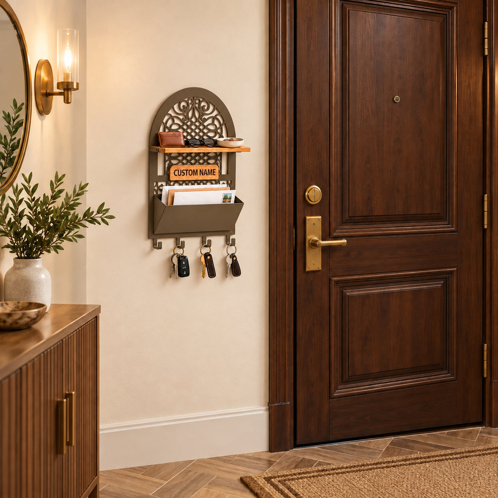 Personalized Seljuk-Inspired Wall Key Holder with Oak Shelf and Mail Organizer