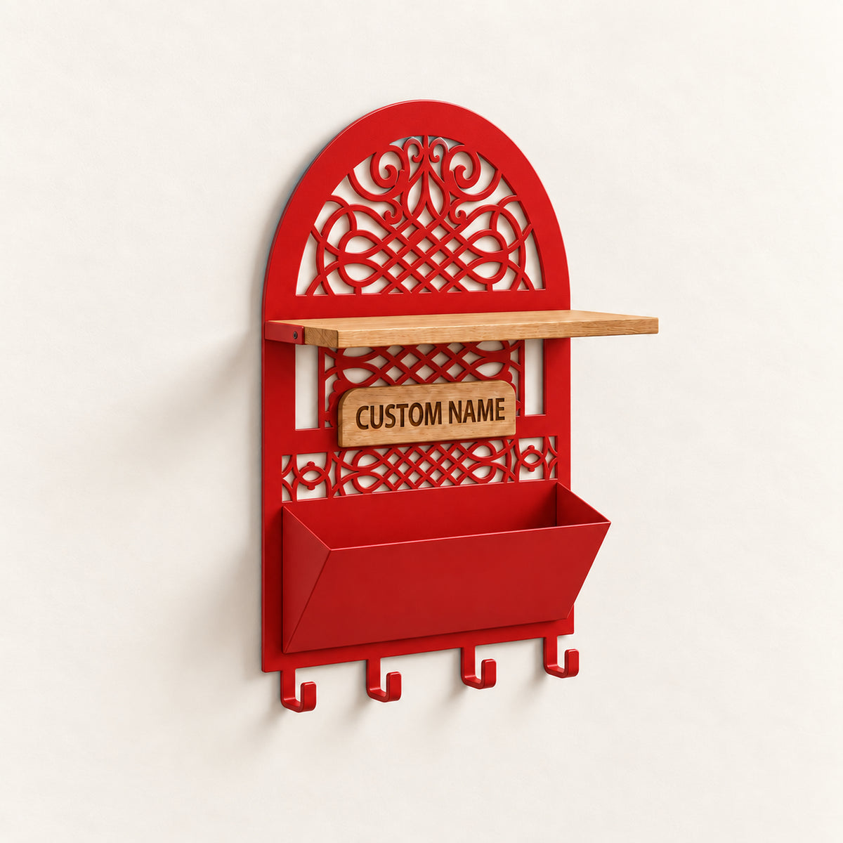 Personalized Seljuk-Inspired Wall Key Holder with Oak Shelf and Mail Organizer