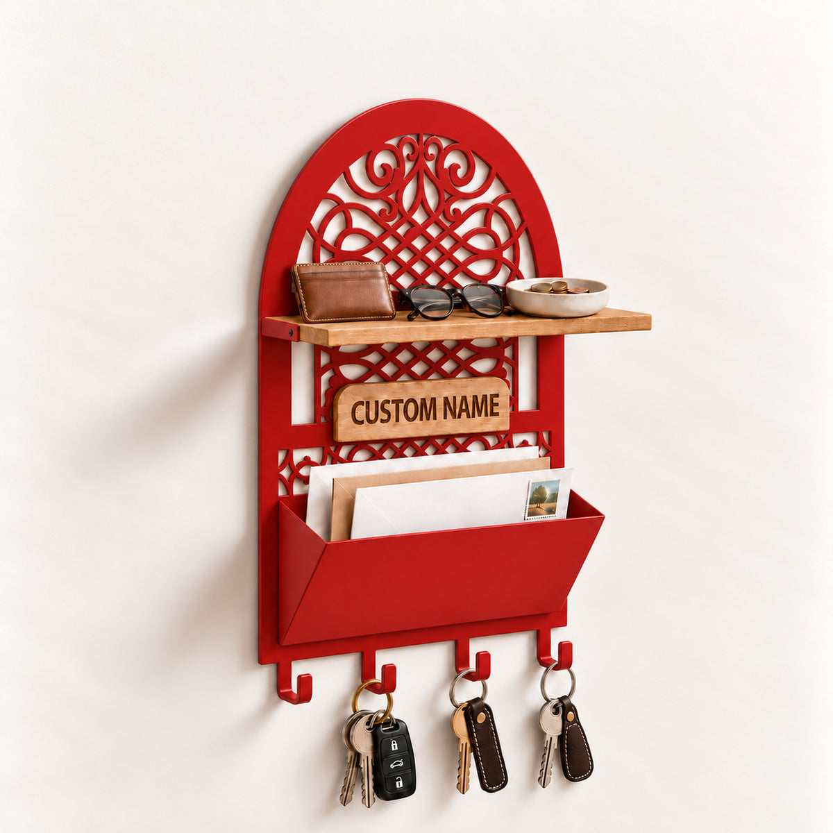 Personalized Seljuk-Inspired Wall Key Holder with Oak Shelf and Mail Organizer