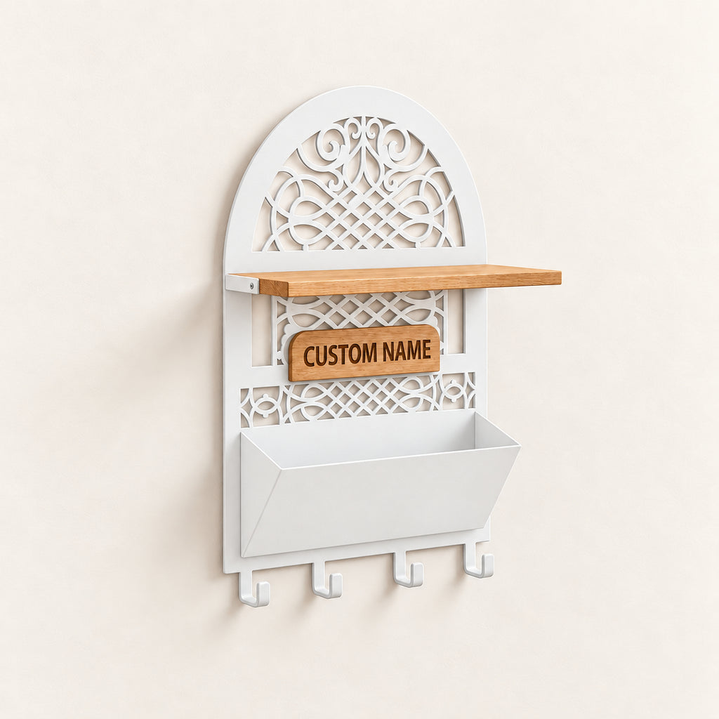 Personalized Seljuk-Inspired Wall Key Holder with Oak Shelf and Mail Organizer