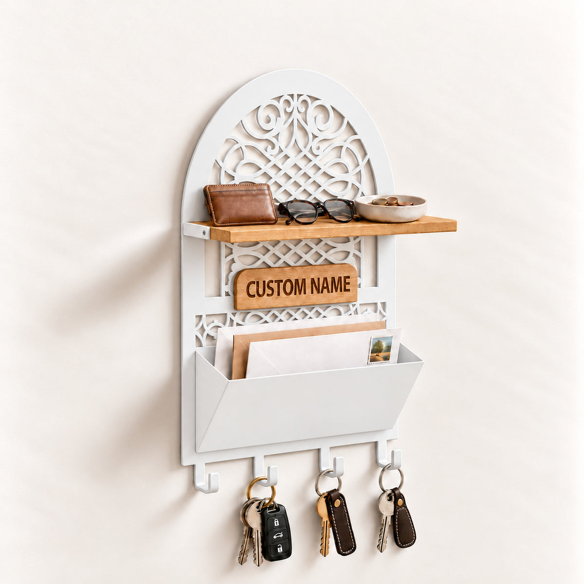 Personalized Seljuk-Inspired Wall Key Holder with Oak Shelf and Mail Organizer