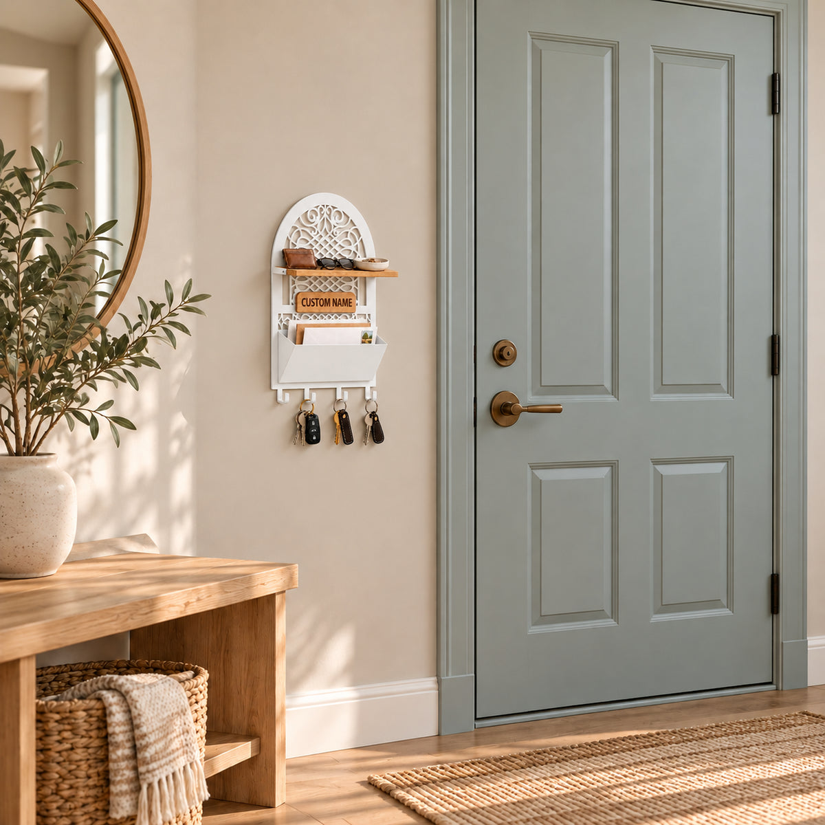 Personalized Seljuk-Inspired Wall Key Holder with Oak Shelf and Mail Organizer