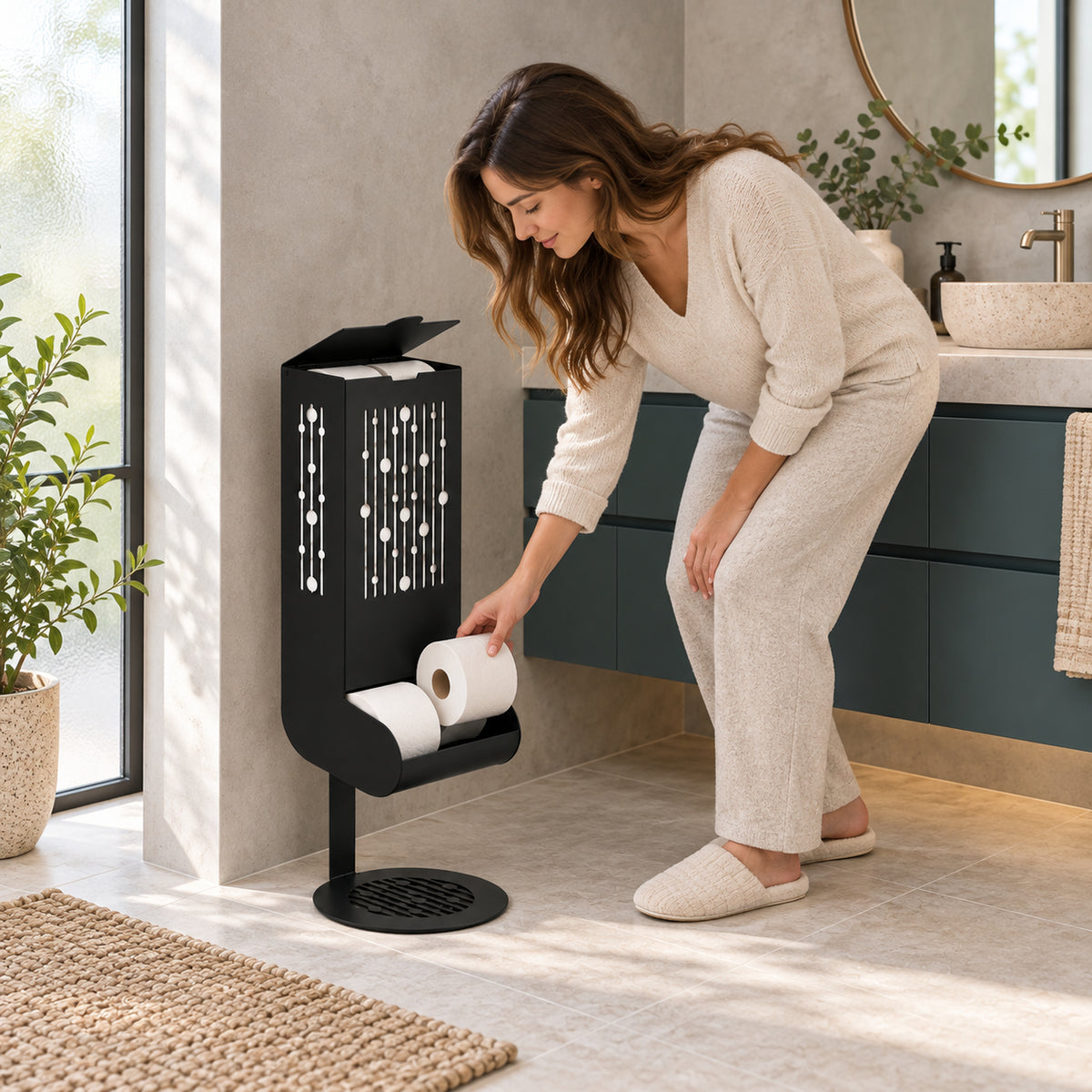 Freestanding Toilet Paper Dispenser with Gravity Feed and 12-Roll Storage