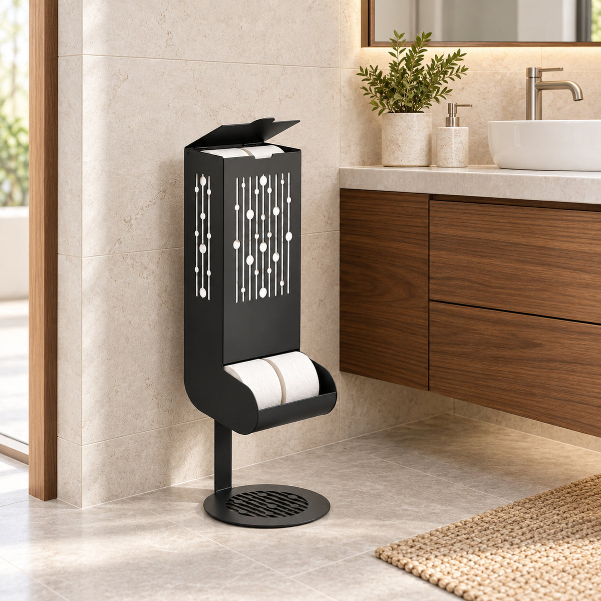 Freestanding Toilet Paper Dispenser with Gravity Feed and 12-Roll Storage
