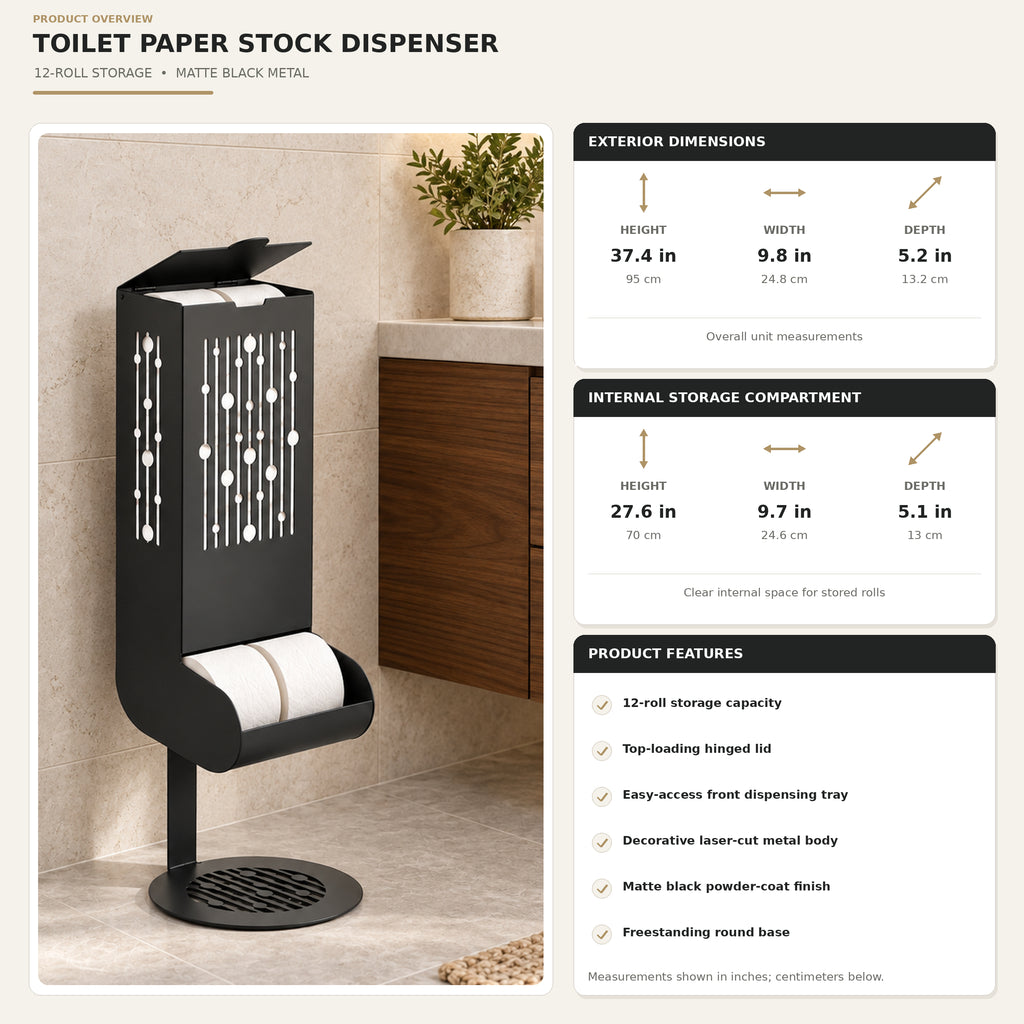Freestanding Toilet Paper Dispenser with Gravity Feed and 12-Roll Storage