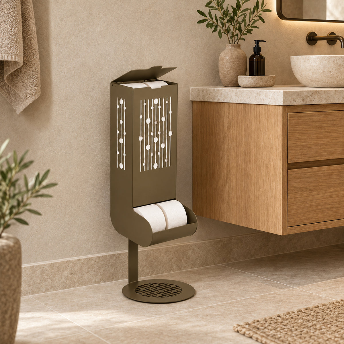 Freestanding Toilet Paper Dispenser with Gravity Feed and 12-Roll Storage