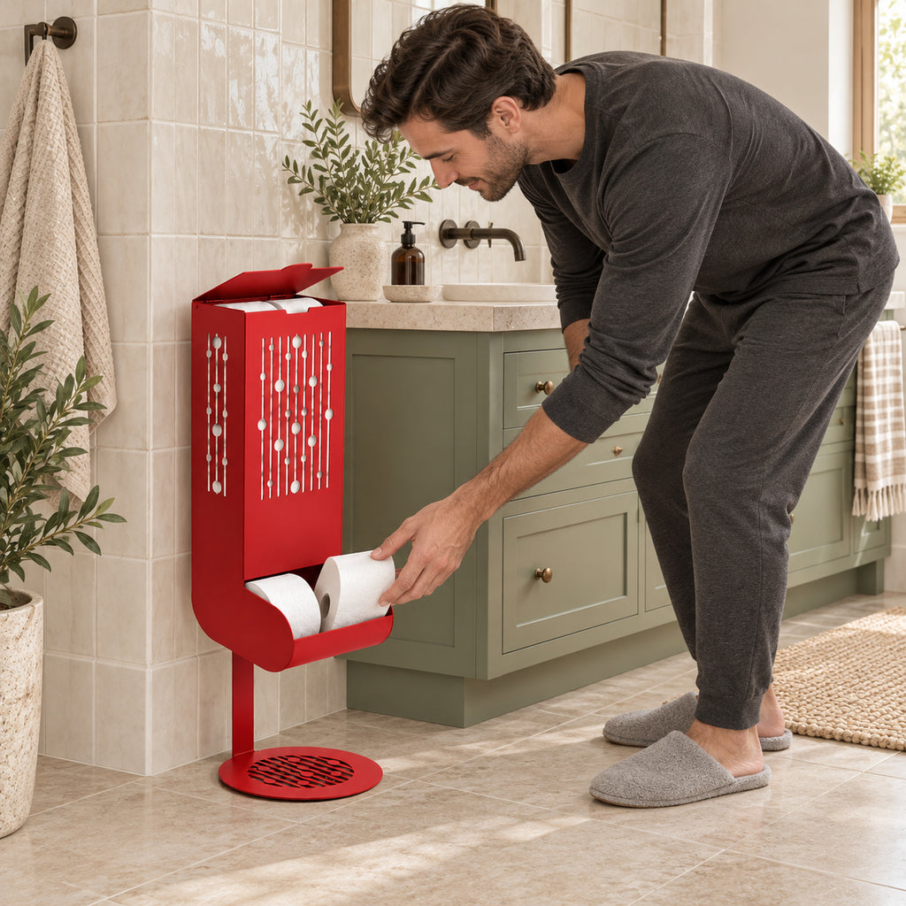 Freestanding Toilet Paper Dispenser with Gravity Feed and 12-Roll Storage