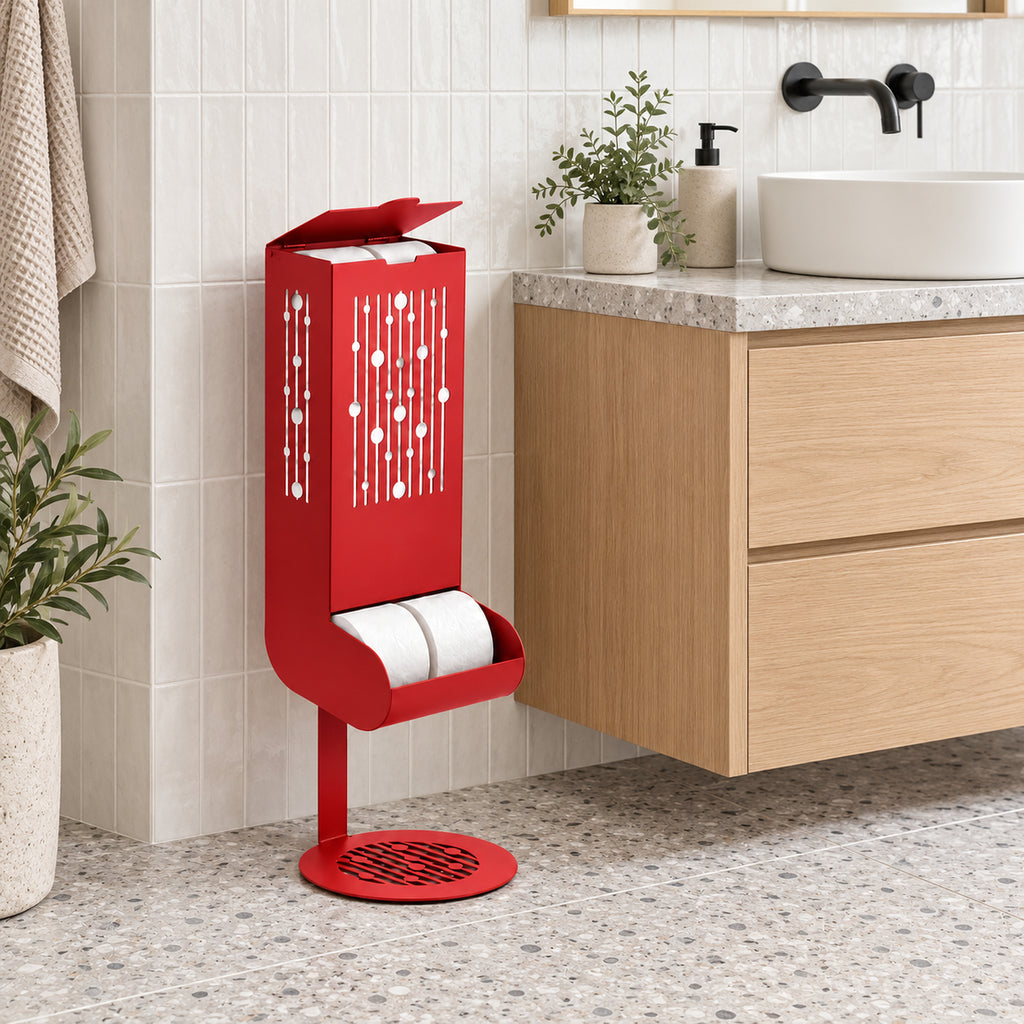 Freestanding Toilet Paper Dispenser with Gravity Feed and 12-Roll Storage