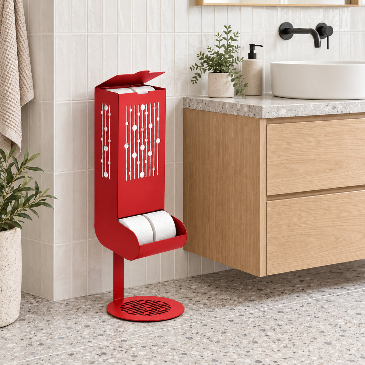 Freestanding Toilet Paper Dispenser with Gravity Feed and 12-Roll Storage