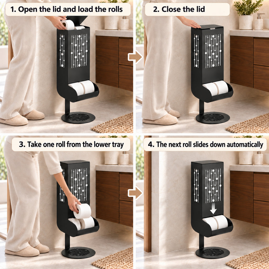 Freestanding Toilet Paper Dispenser with Gravity Feed and 12-Roll Storage