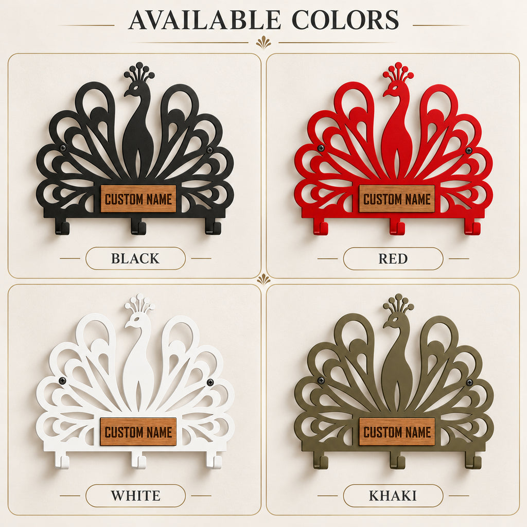 Personalized Peacock Wall Key Holder with Oak Nameplate, Metal Entryway Organizer