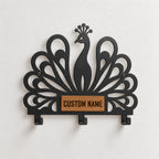Personalized Peacock Wall Key Holder with Oak Nameplate, Metal Entryway Organizer