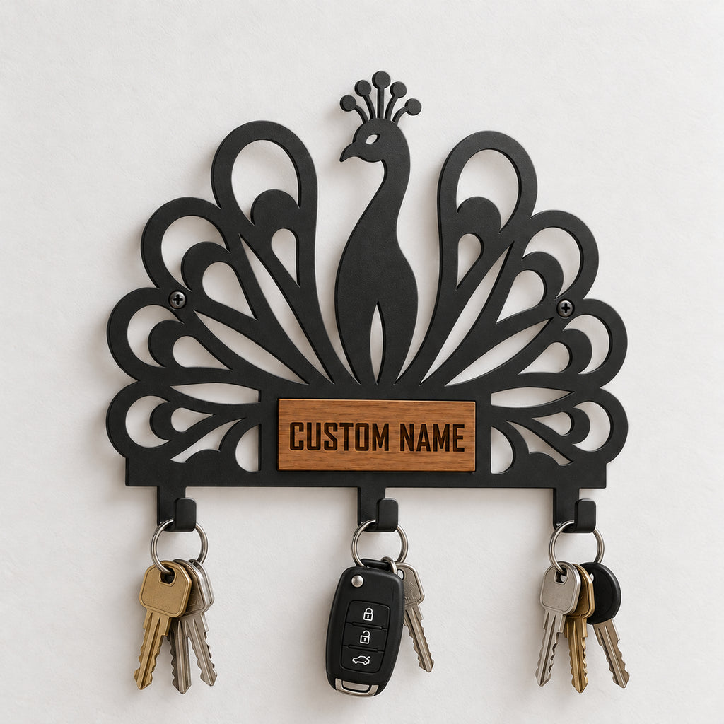 Personalized Peacock Wall Key Holder with Oak Nameplate, Metal Entryway Organizer