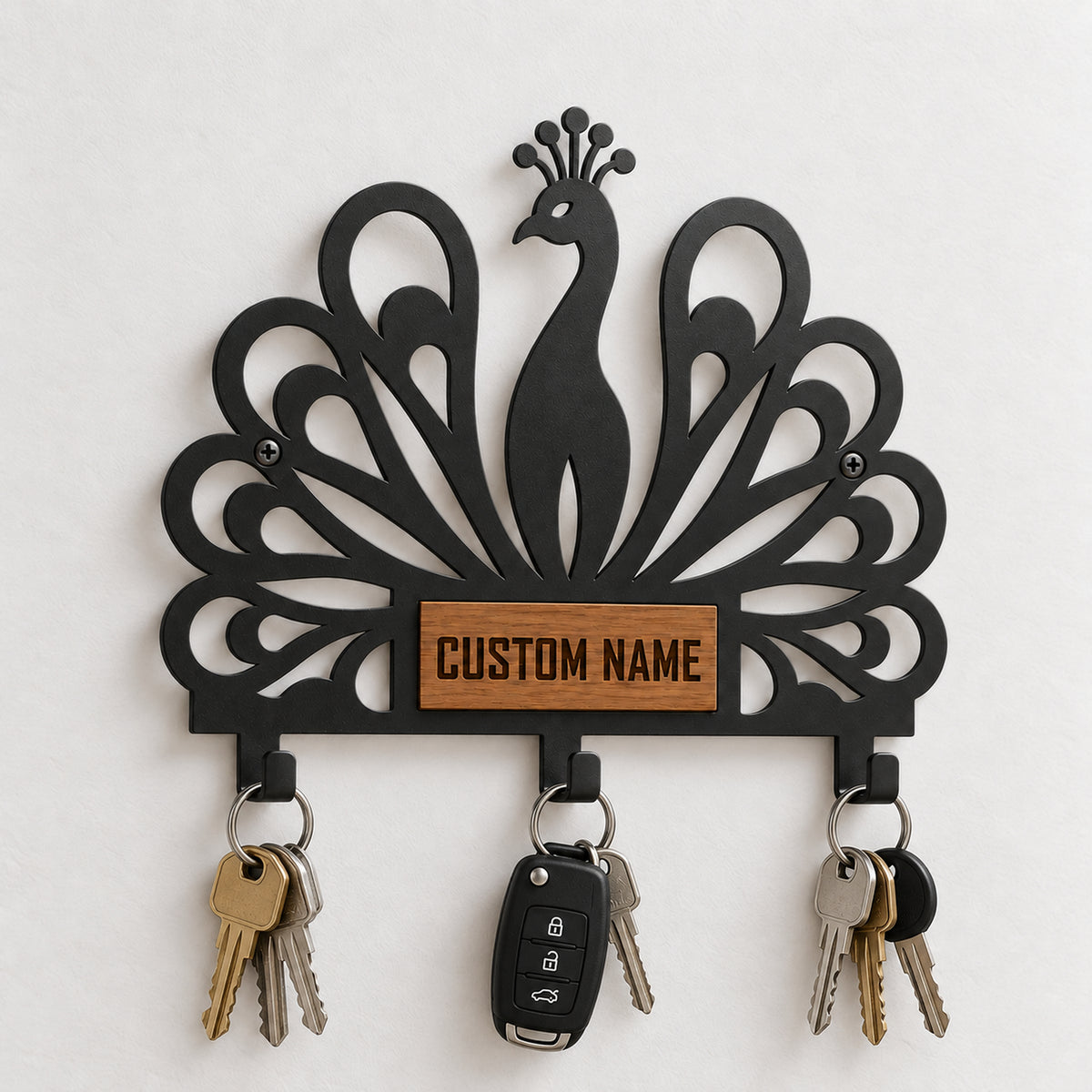 Personalized Peacock Wall Key Holder with Oak Nameplate, Metal Entryway Organizer