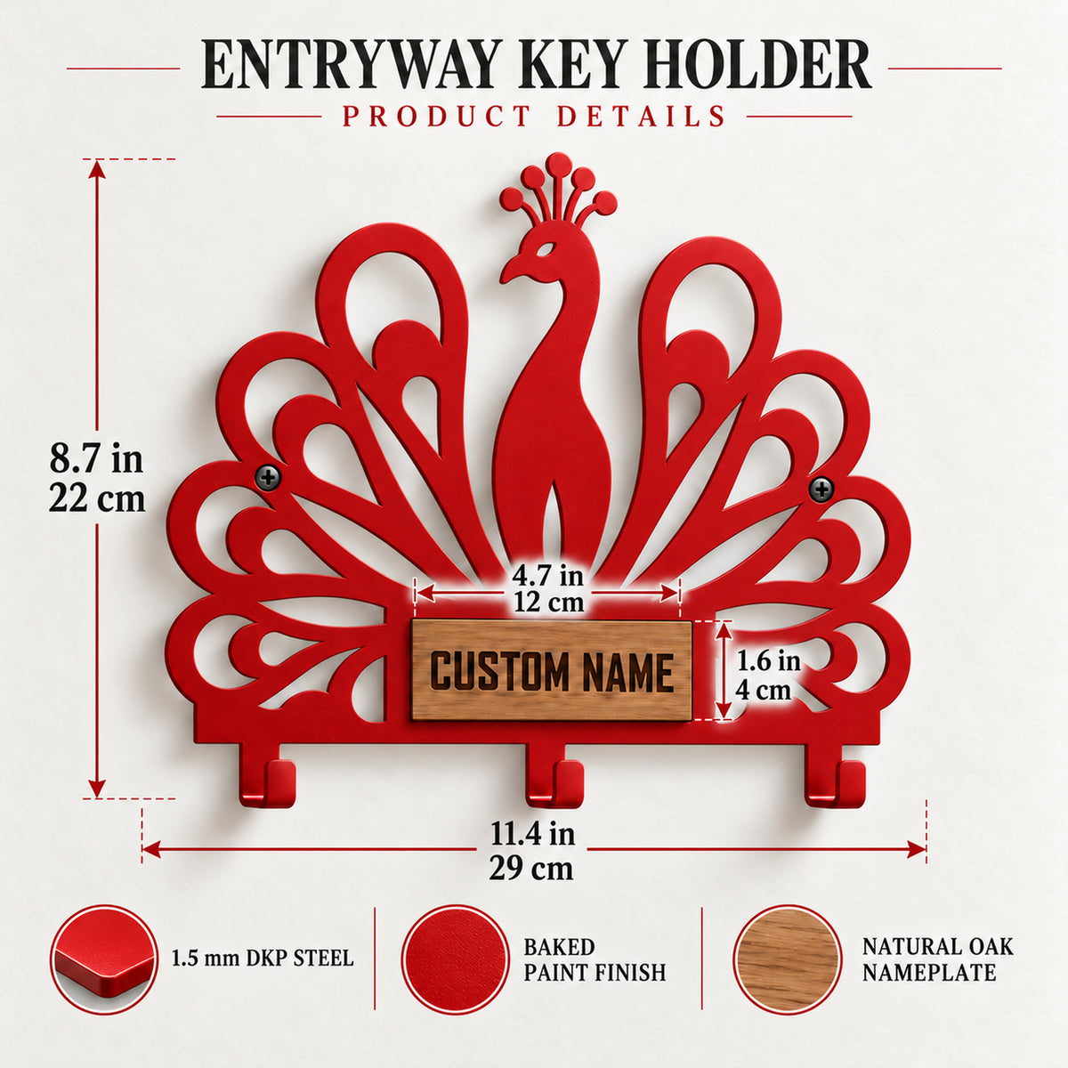 Personalized Peacock Wall Key Holder with Oak Nameplate, Metal Entryway Organizer