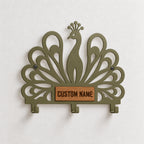 Personalized Peacock Wall Key Holder with Oak Nameplate, Metal Entryway Organizer