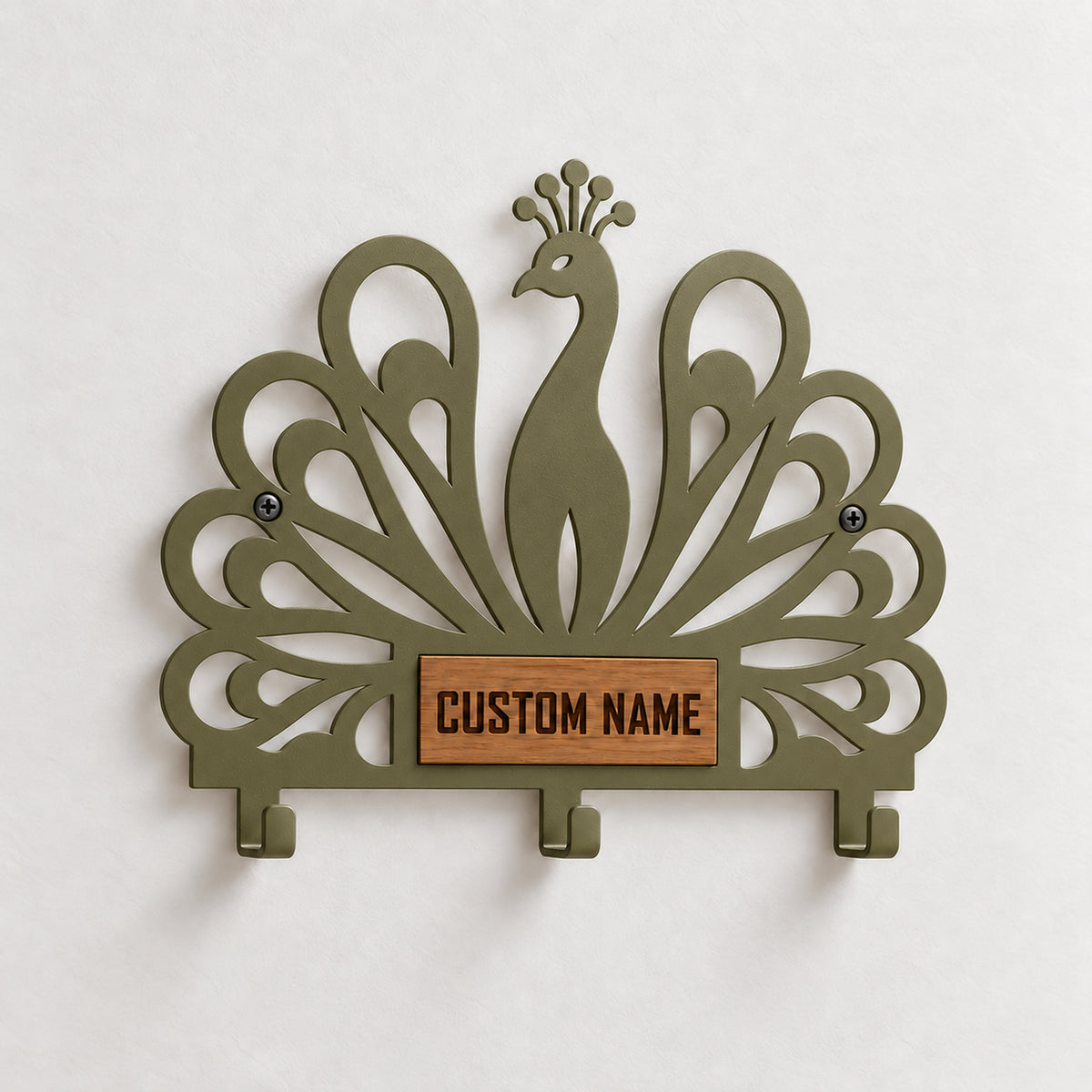 Personalized Peacock Wall Key Holder with Oak Nameplate, Metal Entryway Organizer
