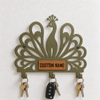 Personalized Peacock Wall Key Holder with Oak Nameplate, Metal Entryway Organizer