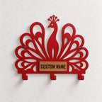 Personalized Peacock Wall Key Holder with Oak Nameplate, Metal Entryway Organizer