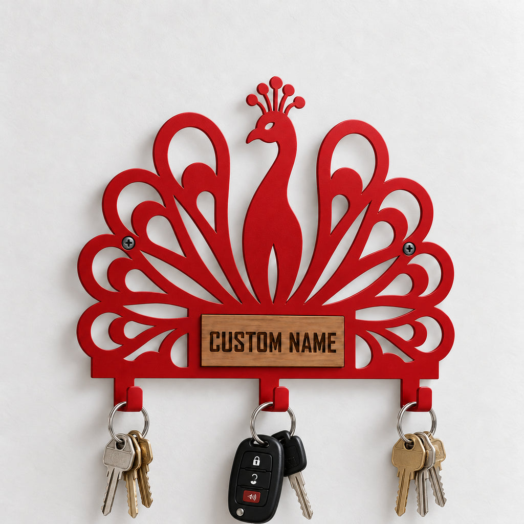 Personalized Peacock Wall Key Holder with Oak Nameplate, Metal Entryway Organizer