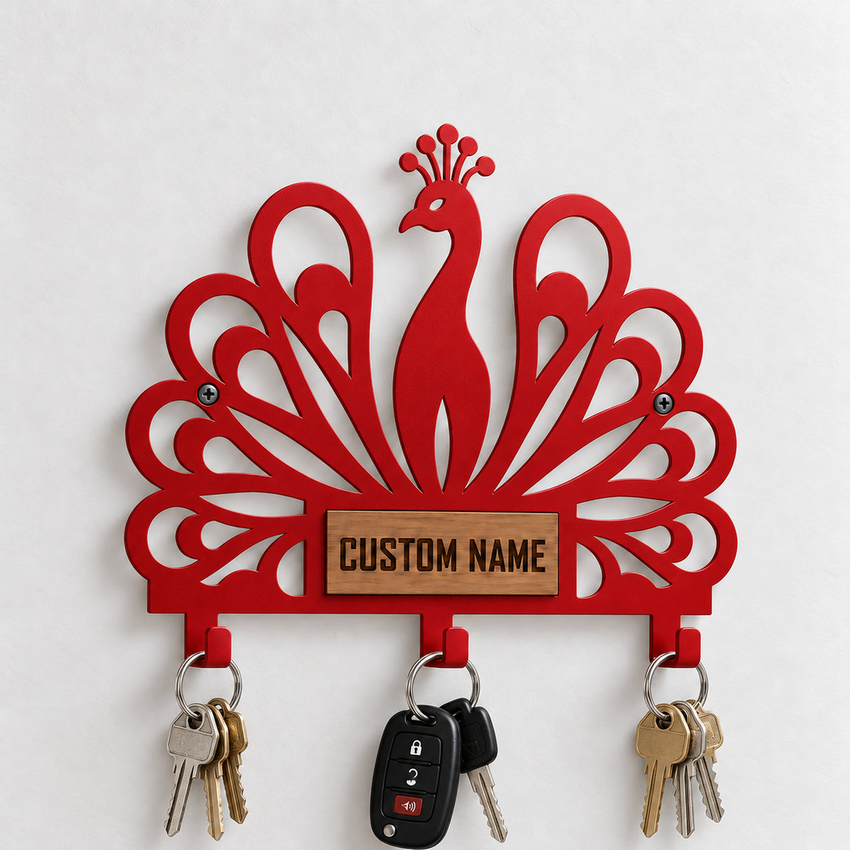 Personalized Peacock Wall Key Holder with Oak Nameplate, Metal Entryway Organizer