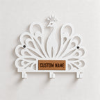 Personalized Peacock Wall Key Holder with Oak Nameplate, Metal Entryway Organizer