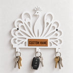 Personalized Peacock Wall Key Holder with Oak Nameplate, Metal Entryway Organizer