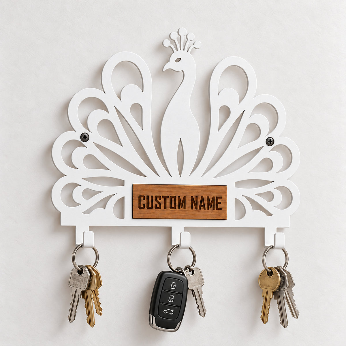 Personalized Peacock Wall Key Holder with Oak Nameplate, Metal Entryway Organizer
