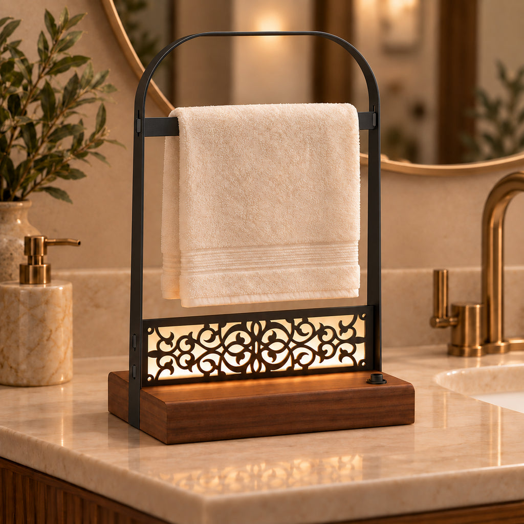 Battery-Powered LED Hand Towel Holder with Wooden Base, Freestanding Bathroom Stand