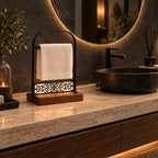 Battery-Powered LED Hand Towel Holder with Wooden Base, Freestanding Bathroom Stand