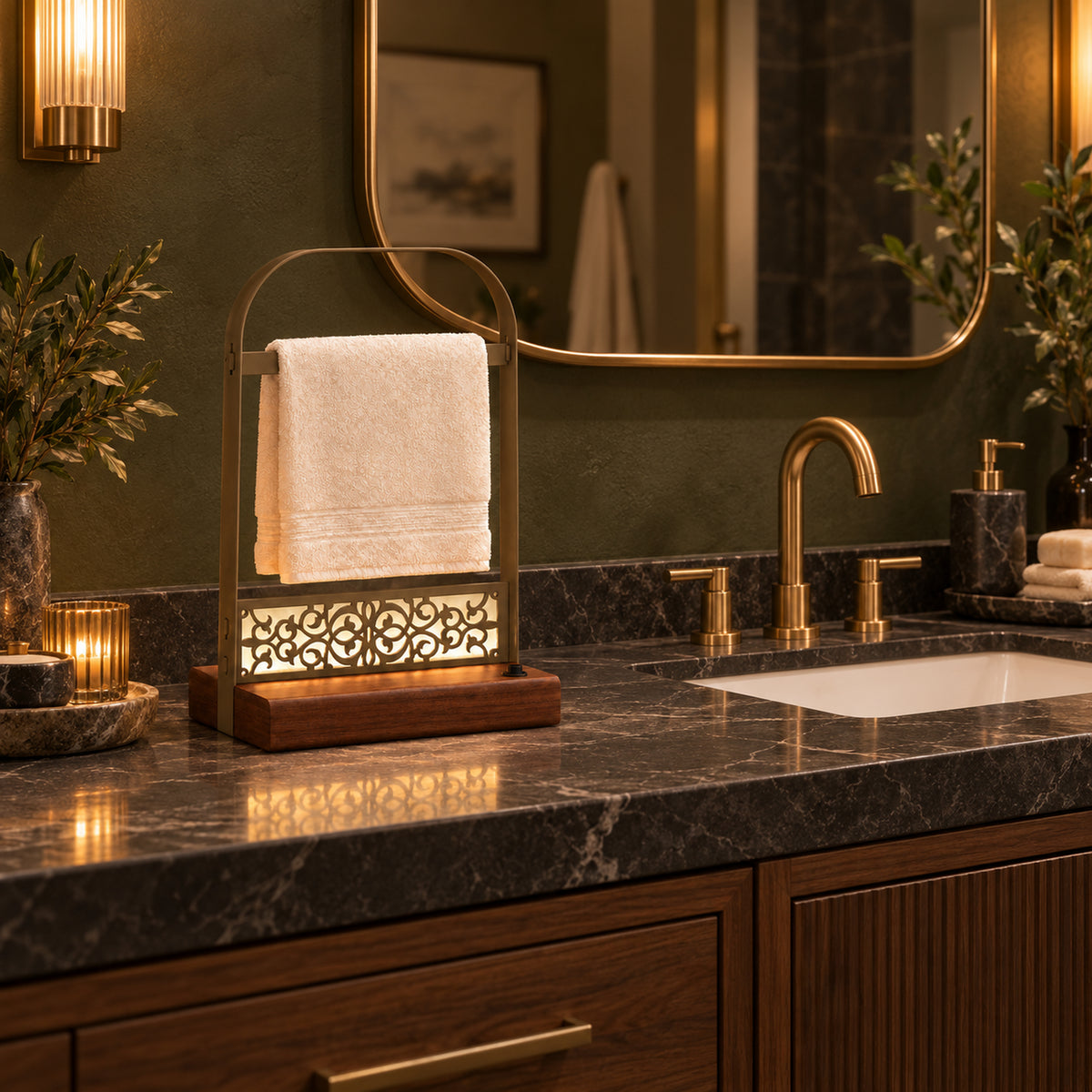 Battery-Powered LED Hand Towel Holder with Wooden Base, Freestanding Bathroom Stand