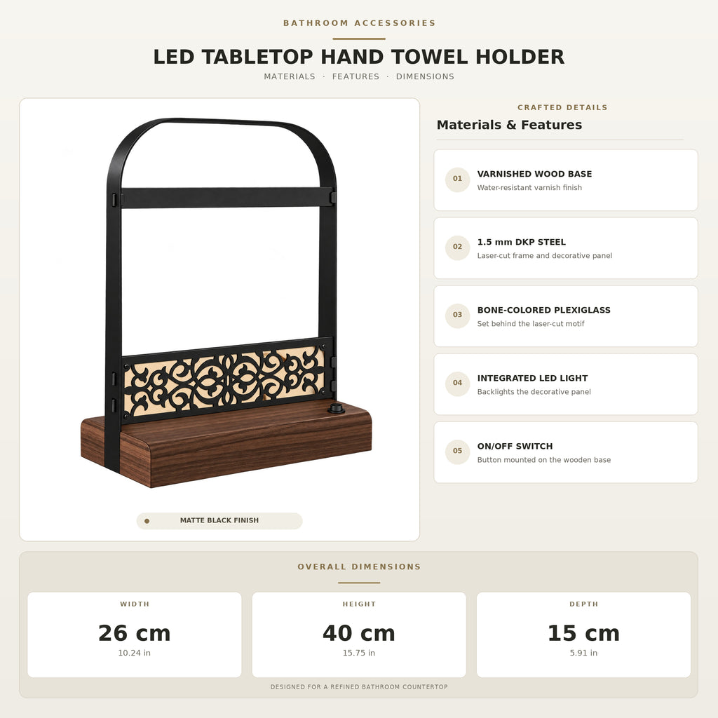 Battery-Powered LED Hand Towel Holder with Wooden Base, Freestanding Bathroom Stand