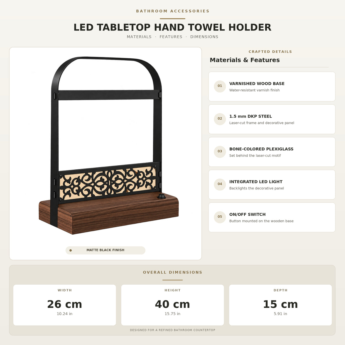 Battery-Powered LED Hand Towel Holder with Wooden Base, Freestanding Bathroom Stand