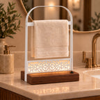Battery-Powered LED Hand Towel Holder with Wooden Base, Freestanding Bathroom Stand