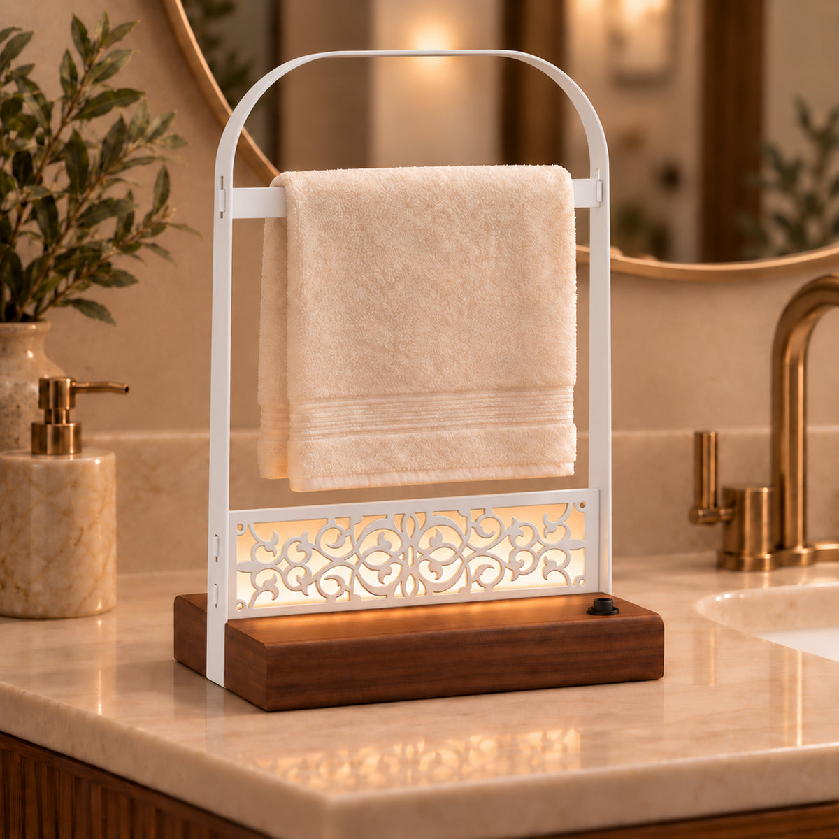 Battery-Powered LED Hand Towel Holder with Wooden Base, Freestanding Bathroom Stand
