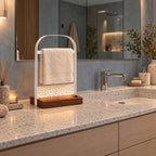 Battery-Powered LED Hand Towel Holder with Wooden Base, Freestanding Bathroom Stand