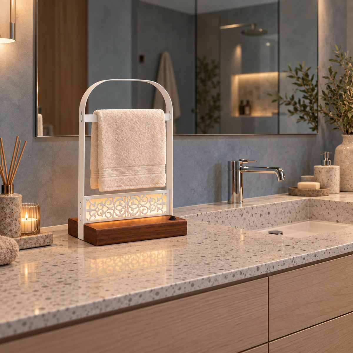 Battery-Powered LED Hand Towel Holder with Wooden Base, Freestanding Bathroom Stand