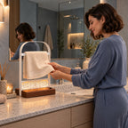 Battery-Powered LED Hand Towel Holder with Wooden Base, Freestanding Bathroom Stand