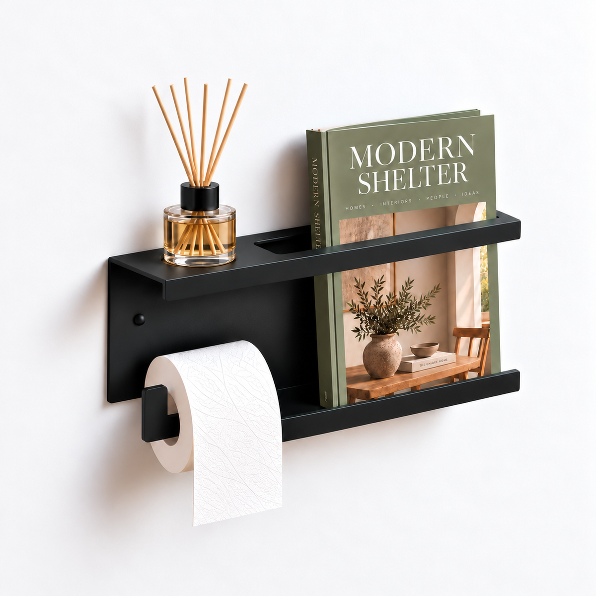 Wall Mounted Toilet Paper Holder with Magazine Rack and Reed Diffuser Shelf